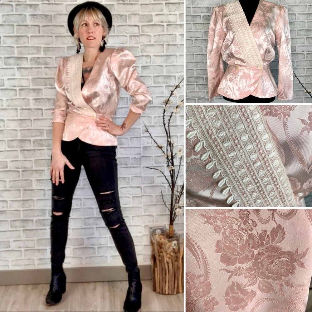 1980s Scott McClintock Damask Peplum with Lace Button Front Blouse